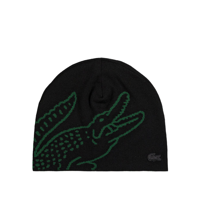 Lacoste Wool Jacquard Crocodile Beanie (Black / Green)