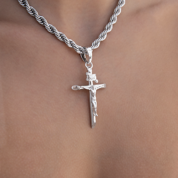 Large Crucifix Cross Pendant in White Gold
