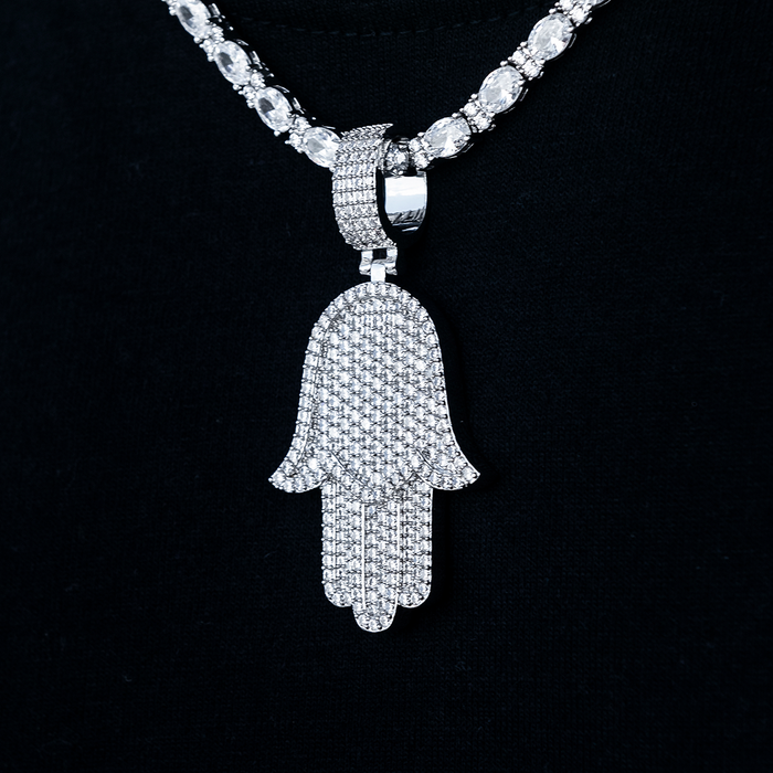 Large Iced Baguette Hamsa Pendant in White Gold