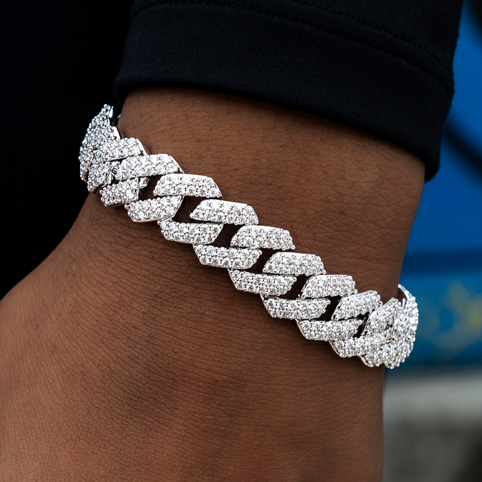 Lock & Key Diamond Prong Cuban Bracelet in White Gold- 12mm
