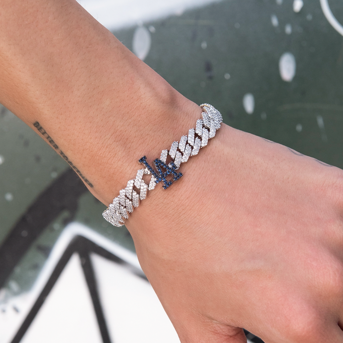 Los Angeles Dodgers Official MLB Diamond Prong Cuban Bracelet in White Gold- 8.5mm