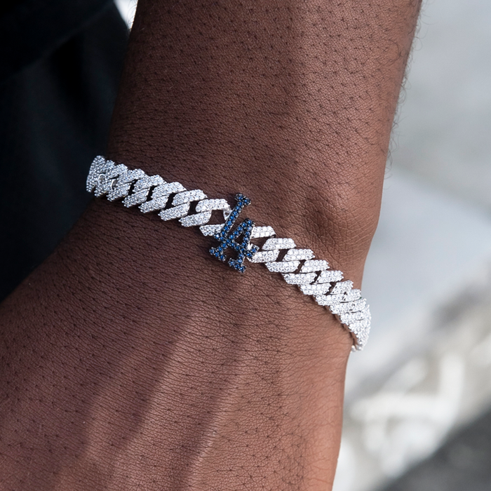 Los Angeles Dodgers Official MLB Diamond Prong Cuban Bracelet in White Gold- 8.5mm