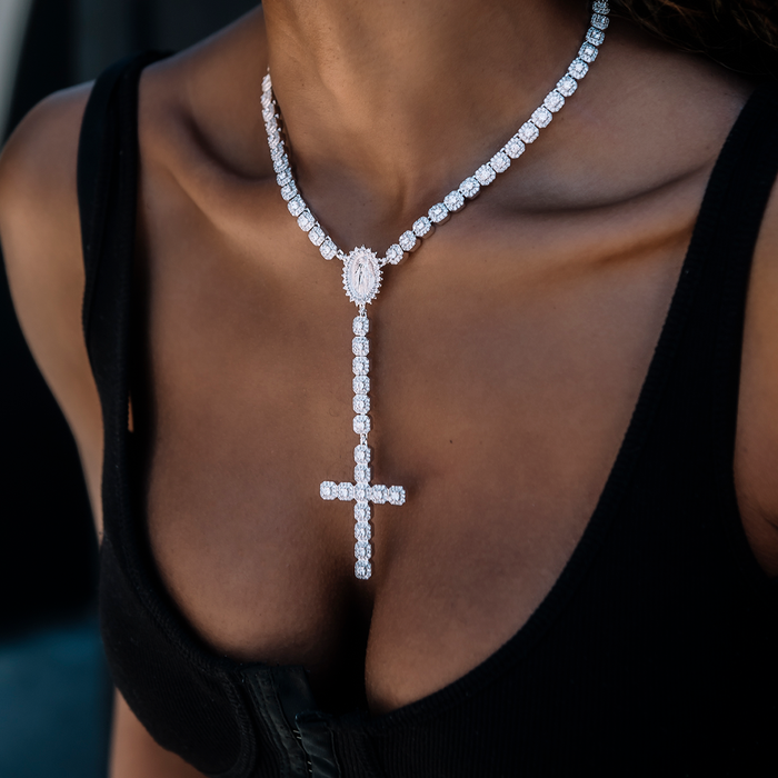 Micro Clustered Rosary Necklace in White Gold - 6mm