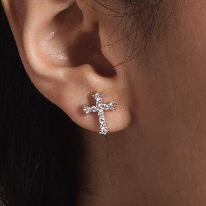Micro Cross Stud Earrings in White Gold - The GLD Shop
