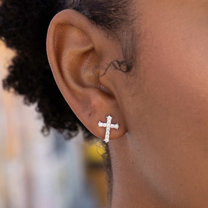 Micro Cross Stud Earrings in White Gold