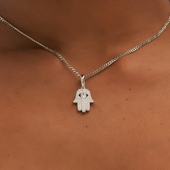 Micro Iced Hamsa Pendant in White Gold