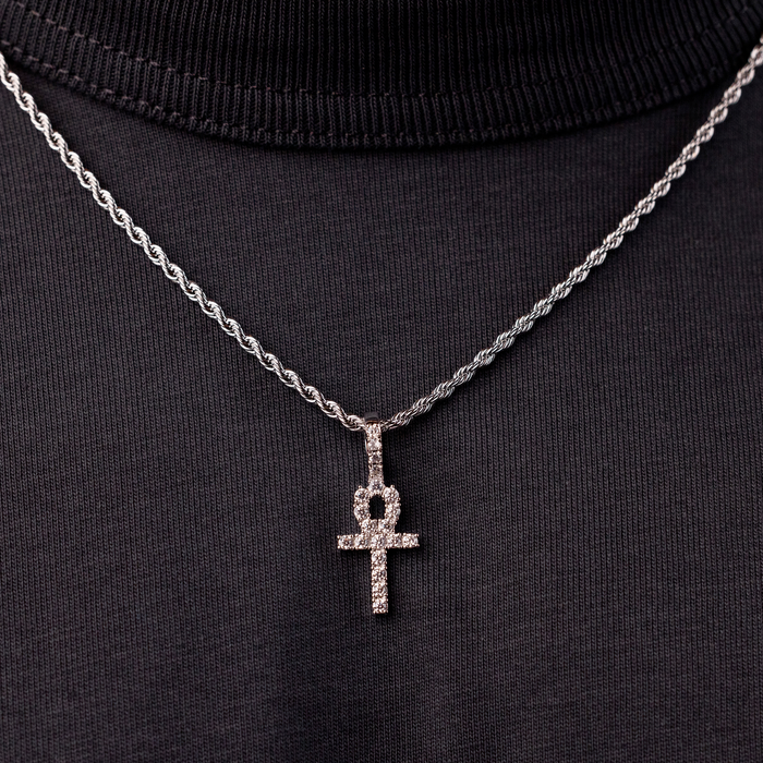 Micro IcedAnkh Cross Pendant in White Gold