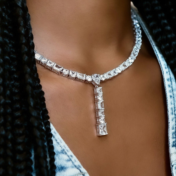 Multi Stone Lariat Necklace in White Gold