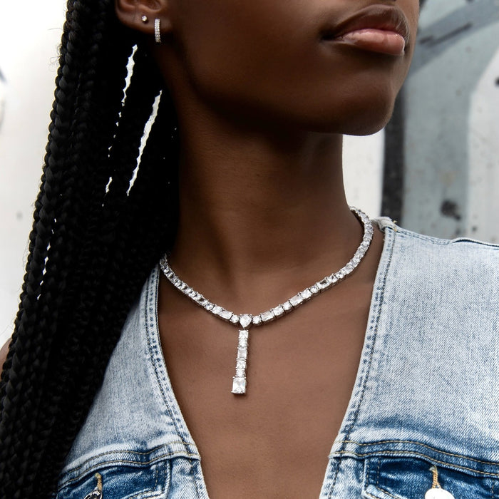 Multi Stone Lariat Necklace in White Gold