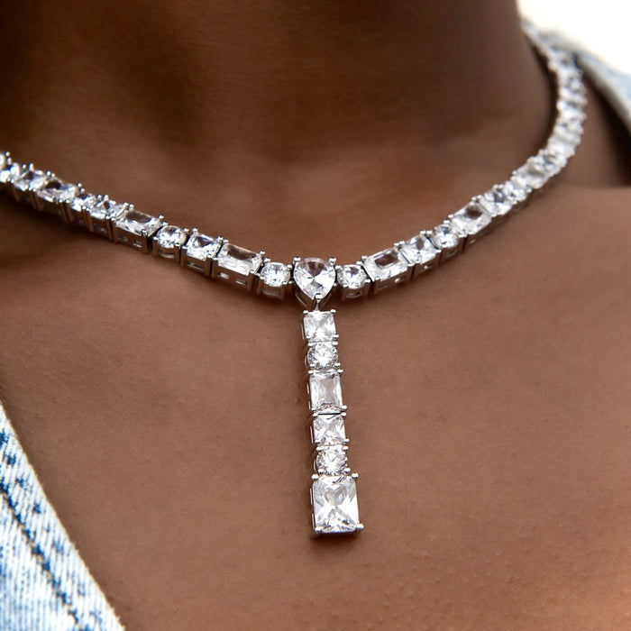 Multi Stone Lariat Necklace in White Gold