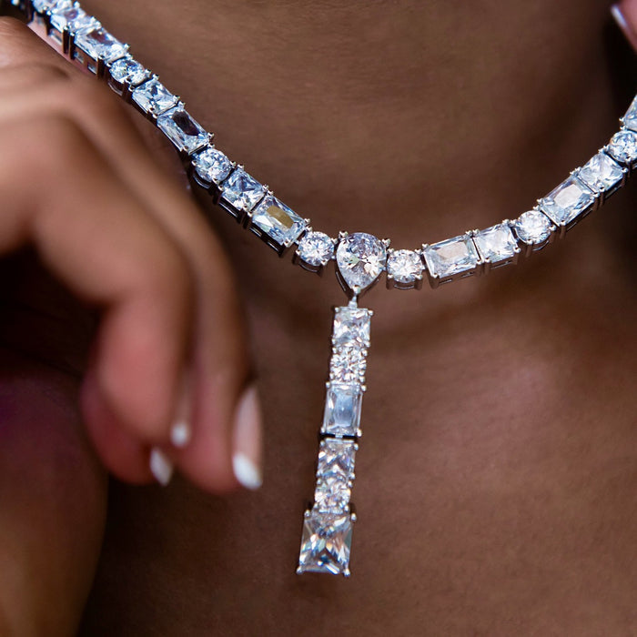 Multi Stone Lariat Necklace in White Gold