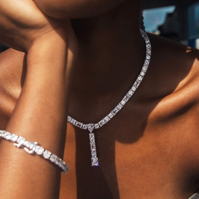 Multi Stone Lariat Necklace in White Gold