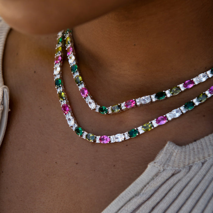Multicolor Mixed Oval Cut Tennis Necklace- 5mm