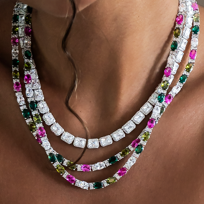 Multicolor Mixed Oval Cut Tennis Necklace- 5mm