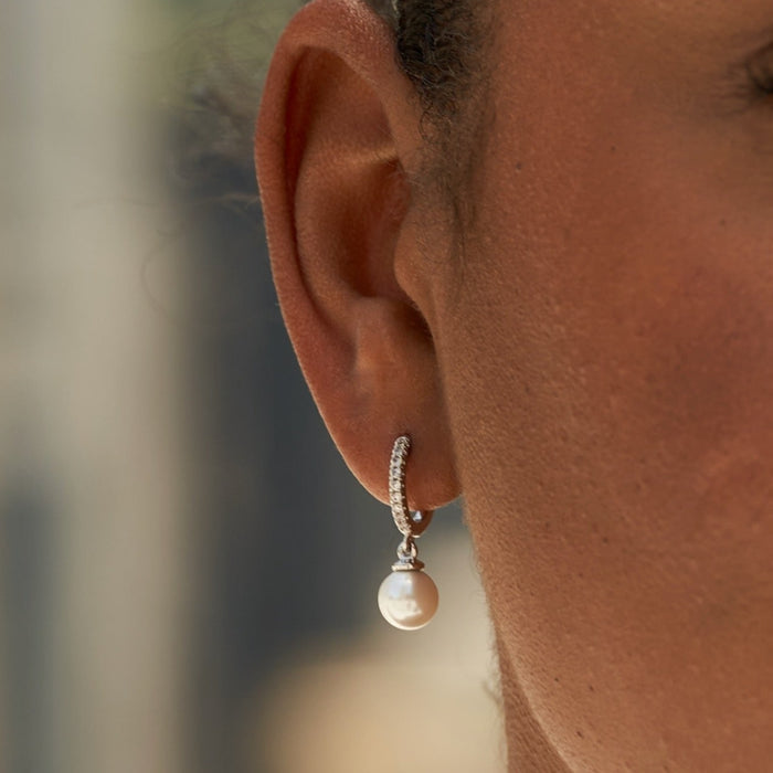 Pave Extra Small Huggie Hoop Pearl Drop Earrings in White Gold