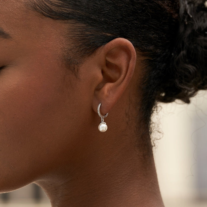 Pave Extra Small Huggie Hoop Pearl Drop Earrings in White Gold