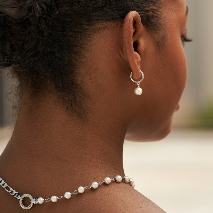 Pave Extra Small Huggie Hoop Pearl Drop Earrings in White Gold