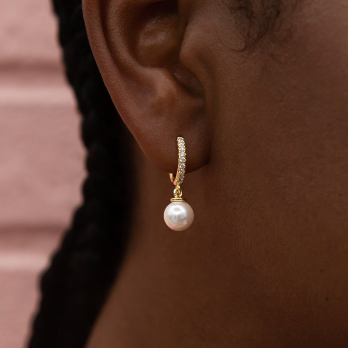 Pave Extra Small Huggie Hoop Pearl Drop Earrings in Yellow Gold