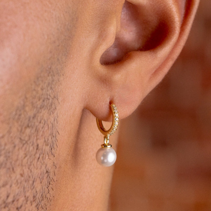 Pave Extra Small Huggie Hoop Pearl Drop Earrings in Yellow Gold