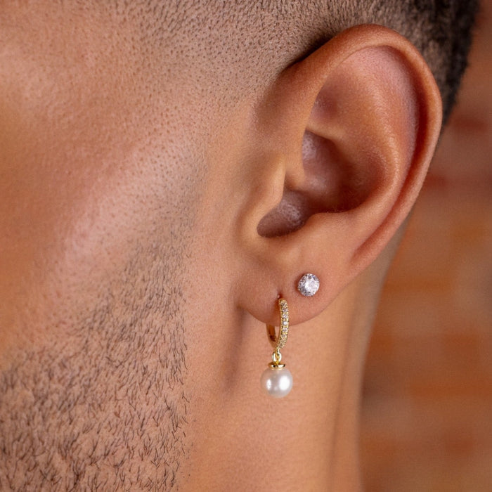 Pave Extra Small Huggie Hoop Pearl Drop Earrings in Yellow Gold