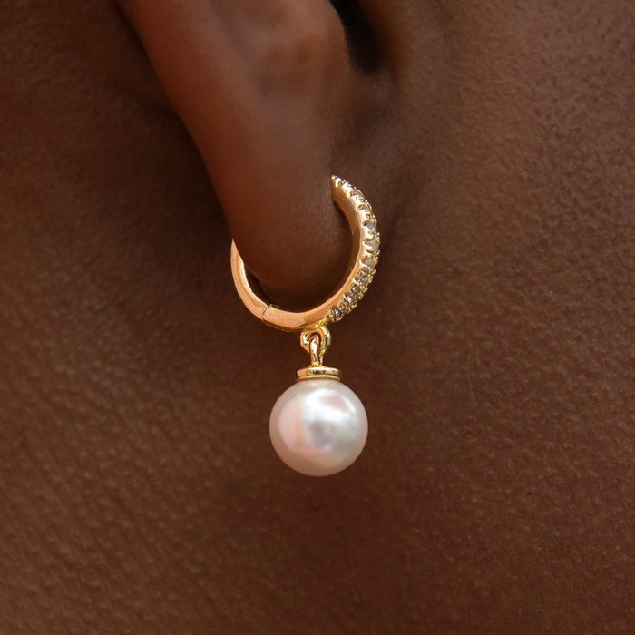 Pave Extra Small Huggie Hoop Pearl Drop Earrings in Yellow Gold