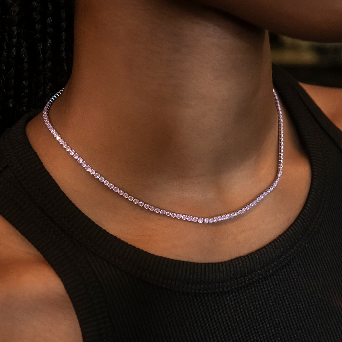 Pink Diamond Micro Tennis Necklace in White Gold