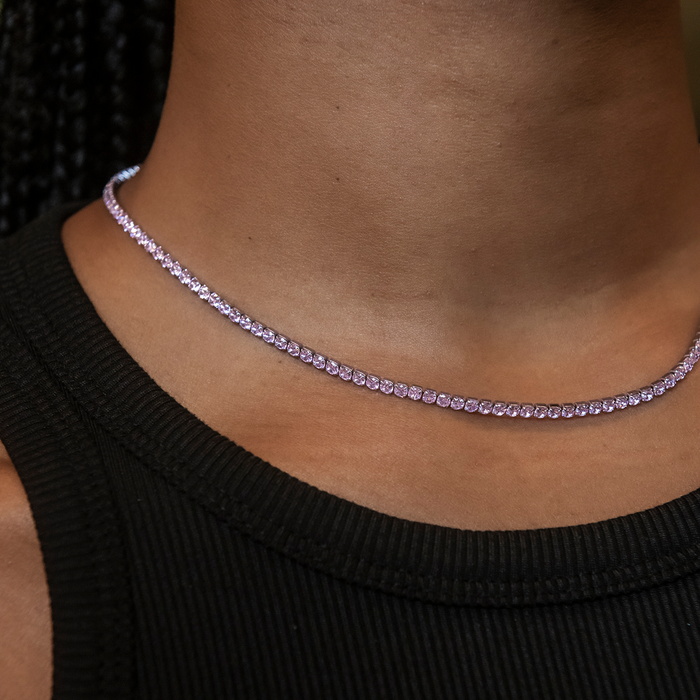 Pink Diamond Micro Tennis Necklace in White Gold