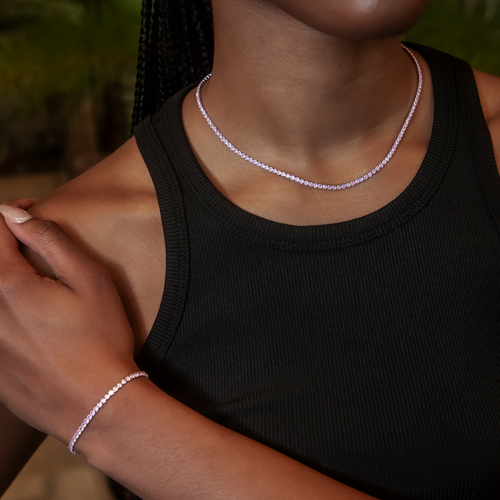 Pink Diamond Micro Tennis Necklace in White Gold