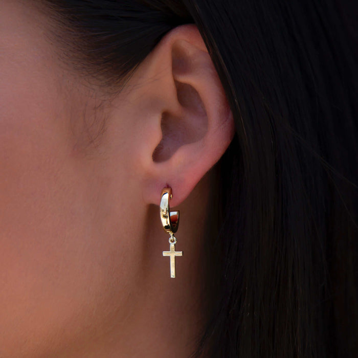 Polished Cross Round Huggie Earrings in Yellow Gold - The GLD Shop