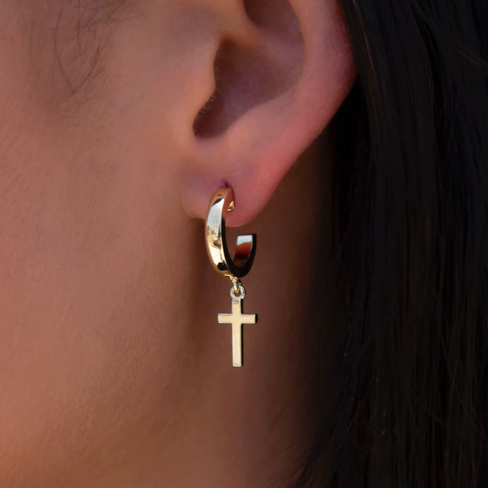 Polished Cross Round Huggie Earrings in Yellow Gold - The GLD Shop