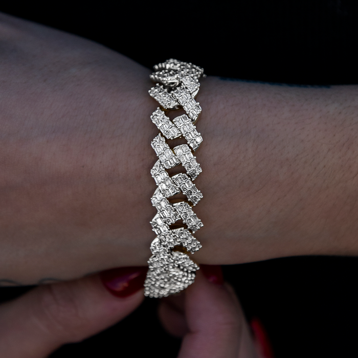 Prong Baguette Cuban Bracelet in White Gold- 12mm