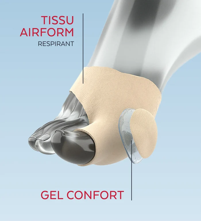 Détail du tissu airform respirant et gel confort de la protection hallux valgus Poderm