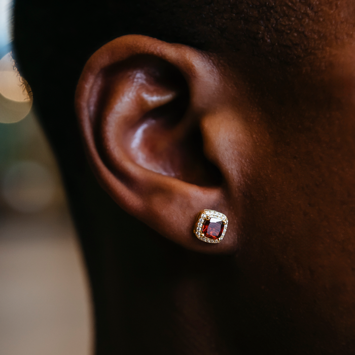 Ruby Cushion Cut Earrings in Yellow Gold