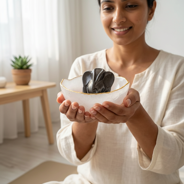 Selenite Bowl with Pyrite Ganeshji