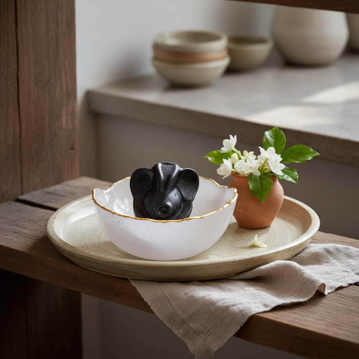 Selenite Bowl with Pyrite Ganeshji