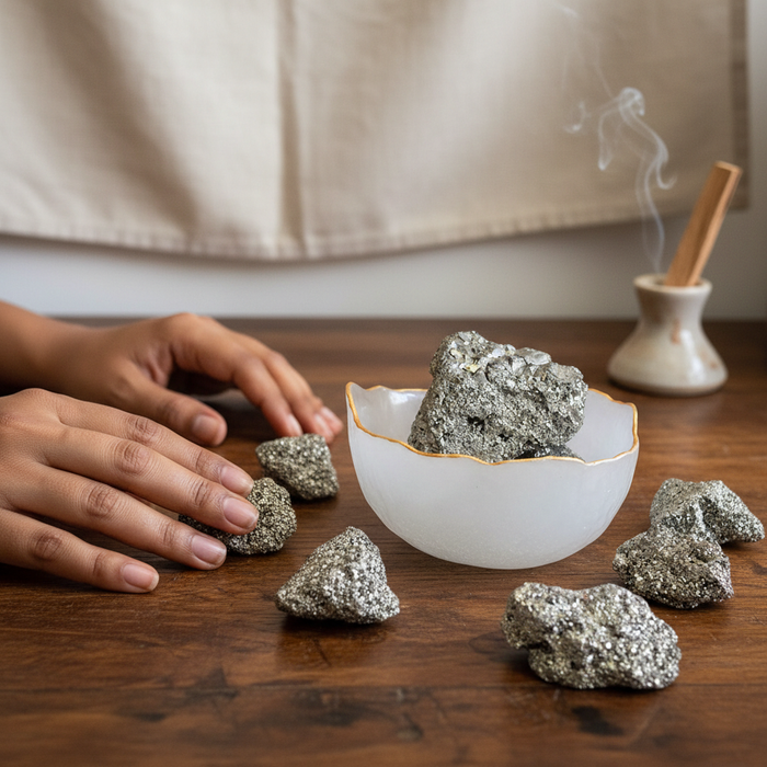 Selenite Bowl with Raw Pyrite Cluster
