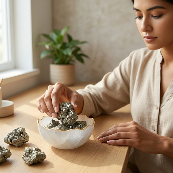 Selenite Bowl with Raw Pyrite Cluster
