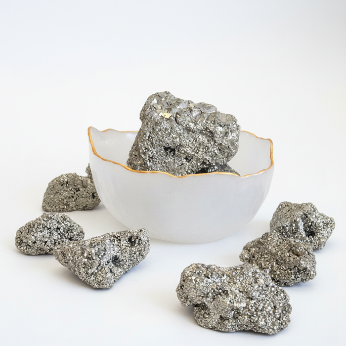 Selenite Bowl with Raw Pyrite Cluster