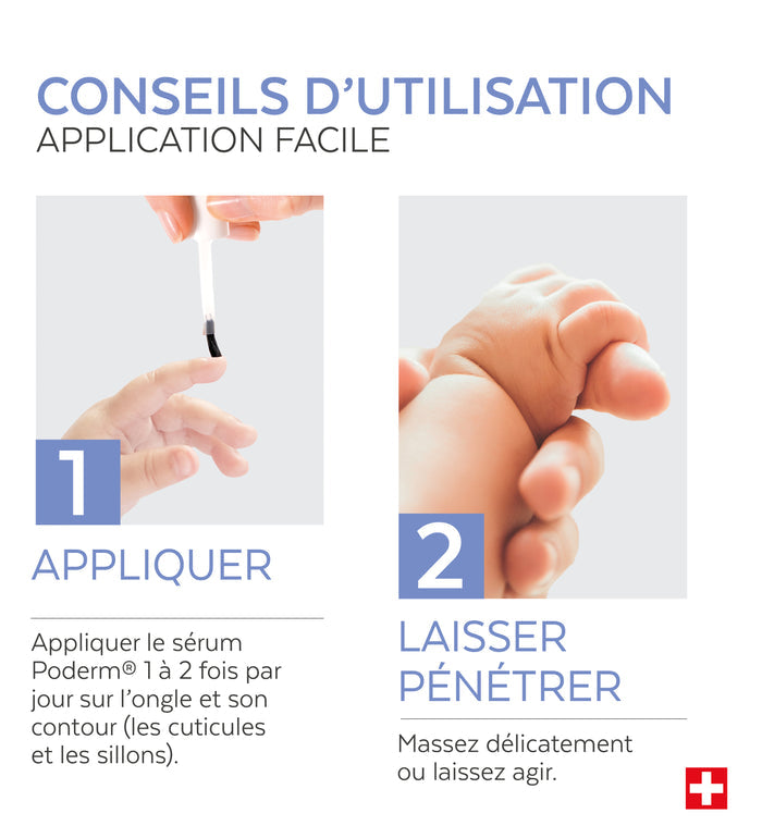 Mode d'emploi du sérum ongles abîmés Kids Poderm application 2 fois par jour