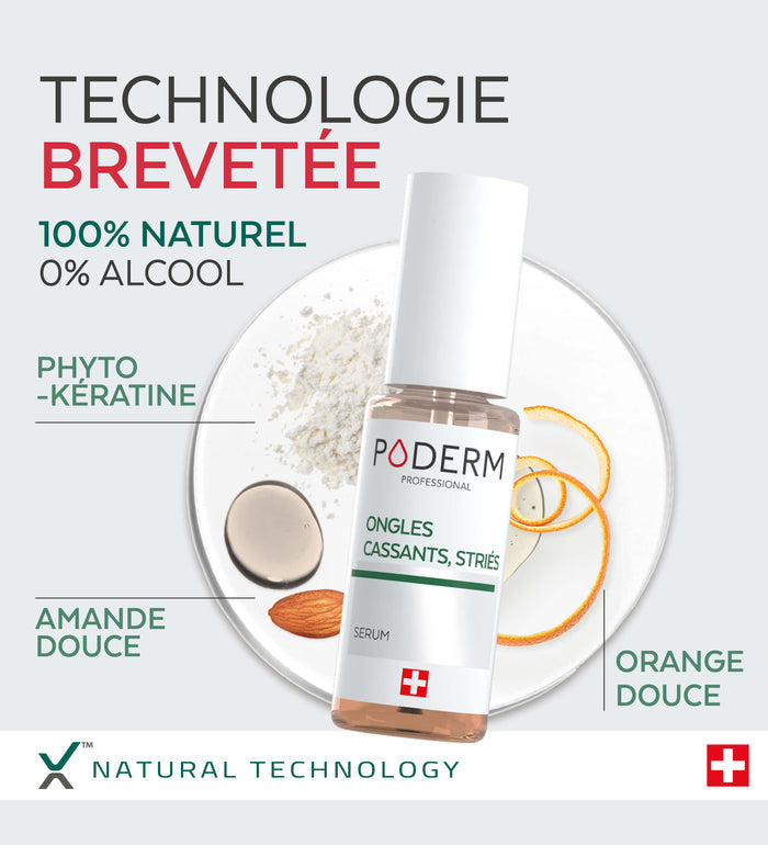 Technologie brevetée du sérum ongles cassants striés Poderm 100% naturel