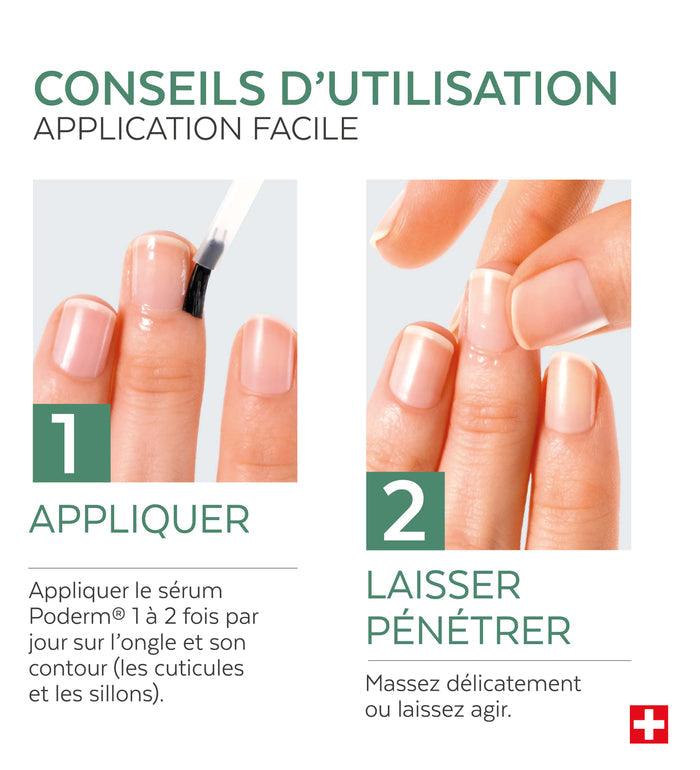 Mode d'emploi du sérum ongles cassants striés Poderm application 2 fois par jour
