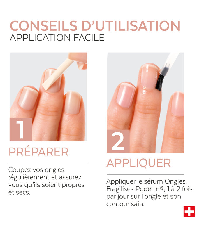 Mode d'emploi du sérum ongles fragilisés silicium Poderm application 2 fois par jour