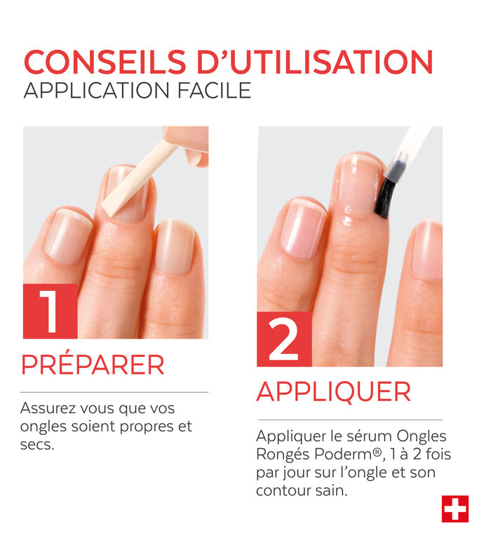 Mode d'emploi du sérum ongles rongés Poderm application 2 fois par jour