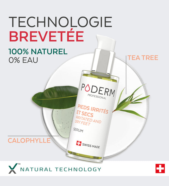 Technologie brevetée du sérum pieds irrités Poderm 100% naturel