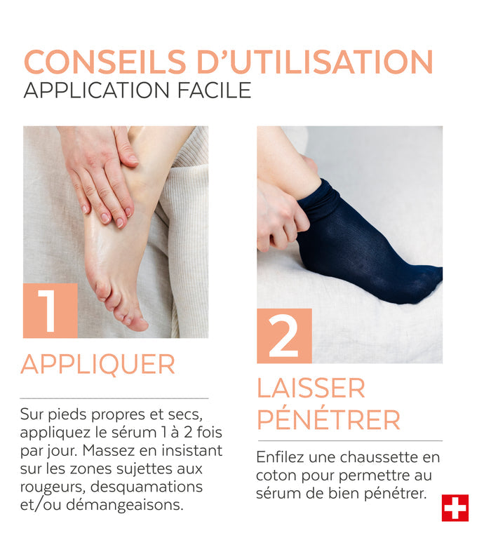 Mode d'emploi du sérum pieds irrités Poderm massage quotidien