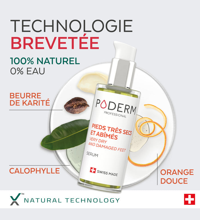Technologie brevetée du sérum pieds très secs Poderm 100% naturel