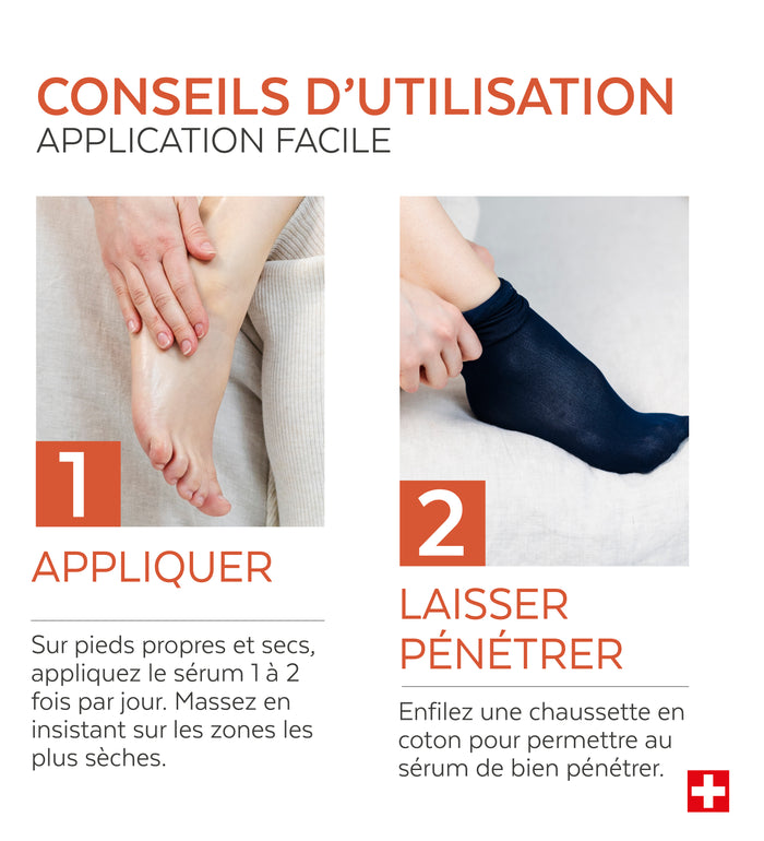 Mode d'emploi du sérum pieds très secs Poderm massage quotidien