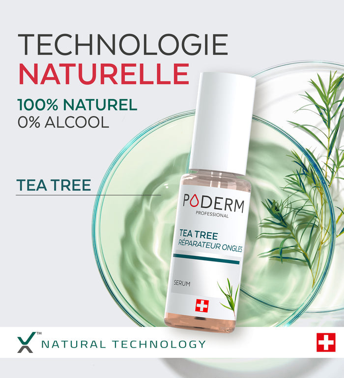 Mode d'emploi du sérum réparateur tea tree ongles Poderm application 2 fois par jour
