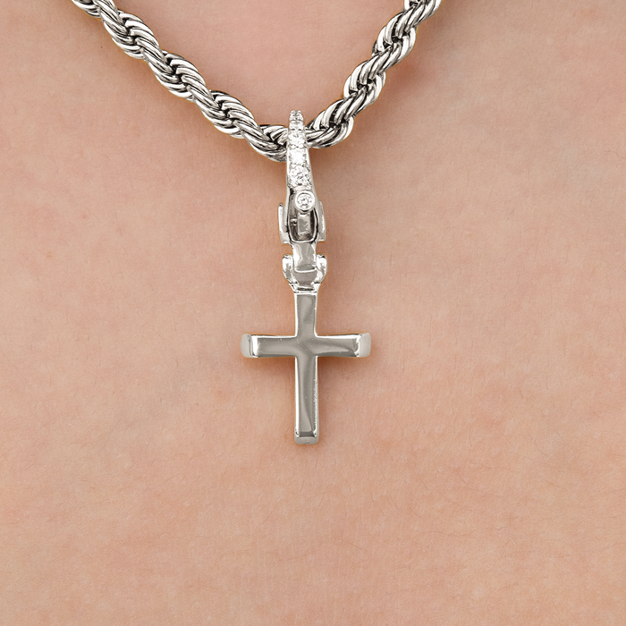 Simple Cross Clip On Charm Pendant in White Gold
