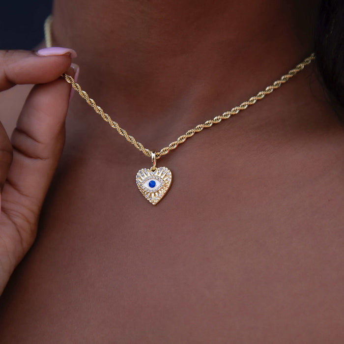 Small Coin Evil Eye Heart Pave Pendant in Gold - The GLD Shop